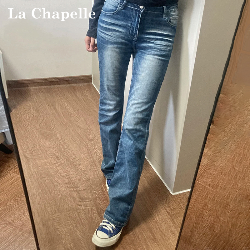 La Chapelle American Retro Washed Low-Waist Narrow Straight-Leg Jeans for Women, New Spring Style, Loose and Slimming Pants