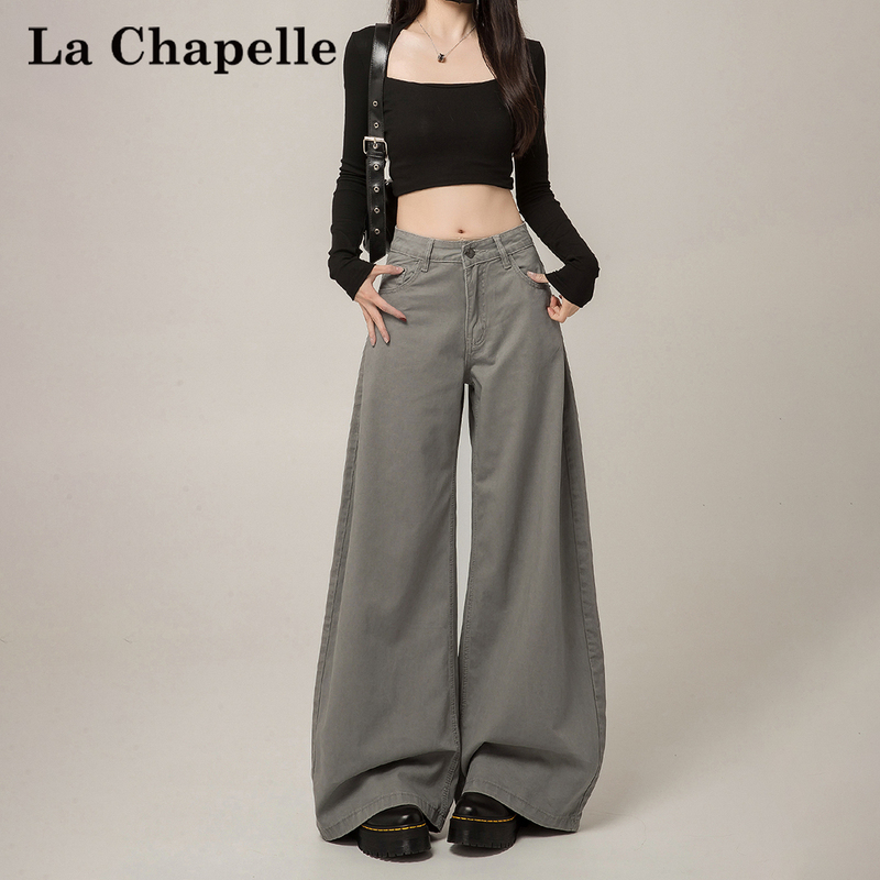 La Chapelle Gray Scimitar Wide-Leg Jeans for Women, Spring New High-Waisted Slimming Loose Casual Straight Pants