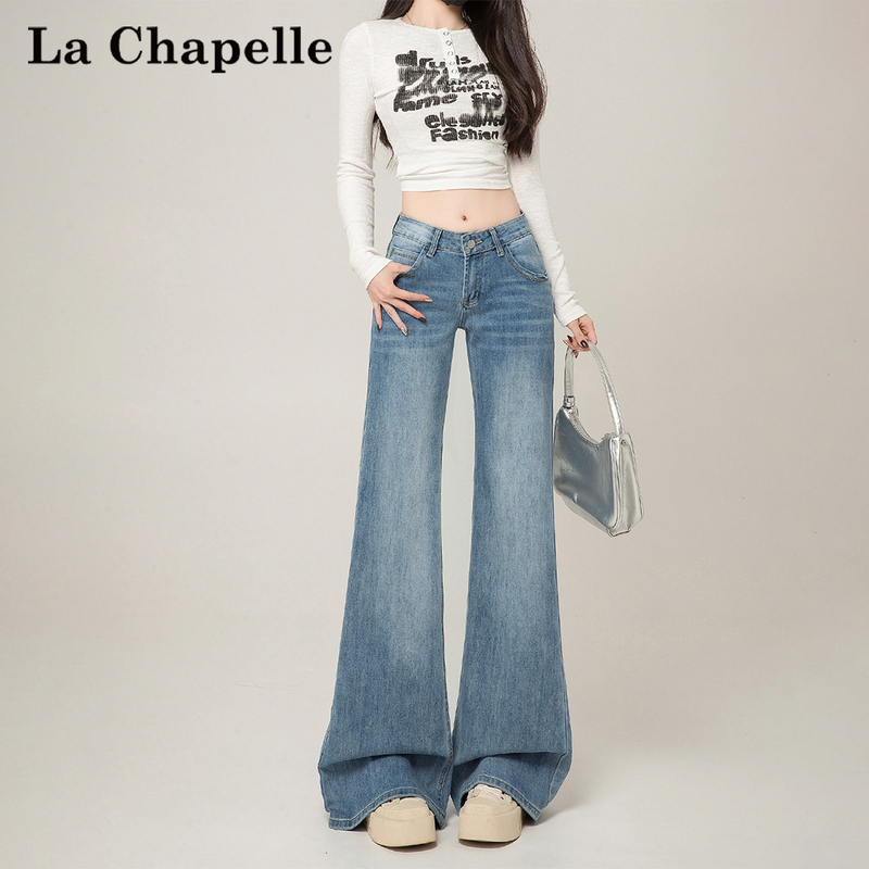 La Chapelle Light Blue Flared Jeans for Women, 2026 Spring New Low-Waist Slim Fit Non-Tight Flared Pants