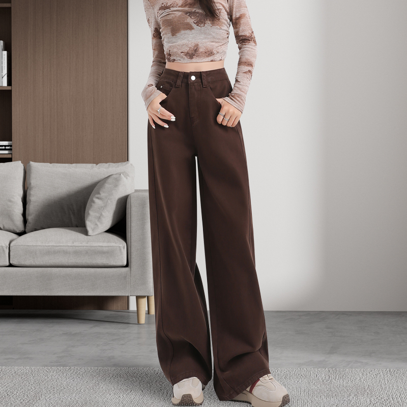 Melard Coffee-Colored Straight-Leg Jeans for Women, New Spring and Autumn Style, Extended Length, American Retro High-Waisted Narrow Wide-Leg Pants