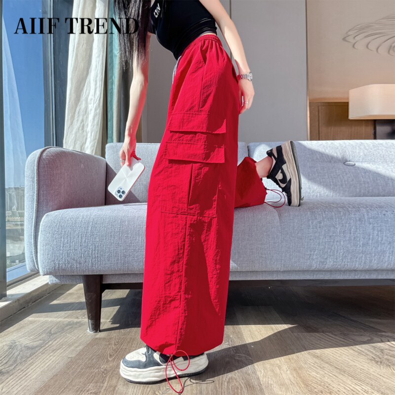 Dopamine Rose Red Quick-Drying Cargo Pants for Women, Summer Thin Style 2026 New American Cool Style Wide-Leg Sports Pants