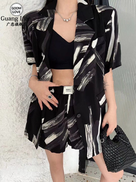 European Style Loose Ink Print Short-Sleeved Blazer + High-Waisted Shorts Fashionable Age-Reducing Two-Piece Women's Suit