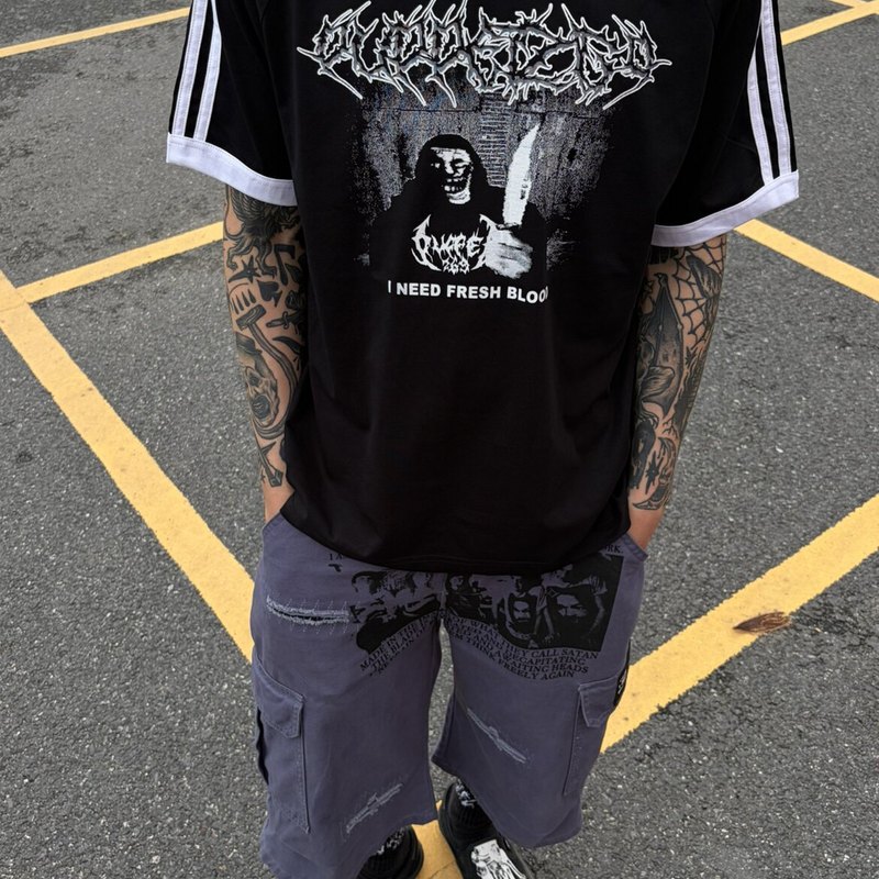 Pt269 Trollface Dark Rock Band Subculture Three-Stripe Fake Two-Piece T-Shirt Embroidery