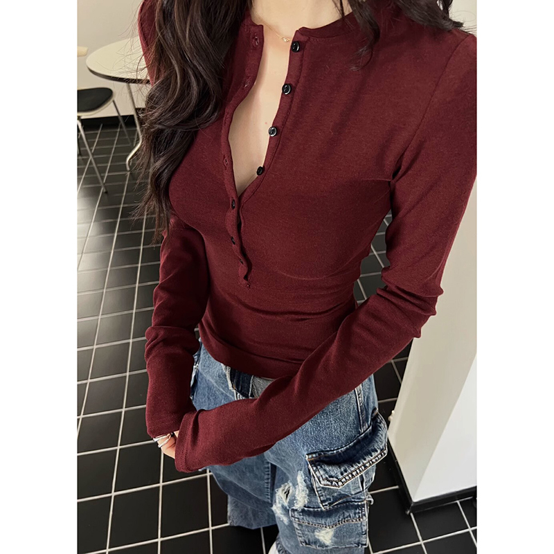 Spicy Girl Burgundy V-Neck Long-Sleeve Base Layer Top for Women, Spring and Autumn Pure Cotton Slim Fit Tight-Fitting Regular Shoulder T-Shirt Short Top Spicy Girl Burgundy V-Neck Long-Sleeve Base Layer Top for Women, Spring and Autumn Pure Cotton Slim Fit Tight-Fitting Regular Shoulder T-Shirt Short Top