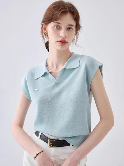 Korean-Style High-End Blue Short-Sleeved Knitted Polo Shirt for Women, V-Neck Ice Silk T-Shirt, Summer Loose Short Top with Flutter Sleeves