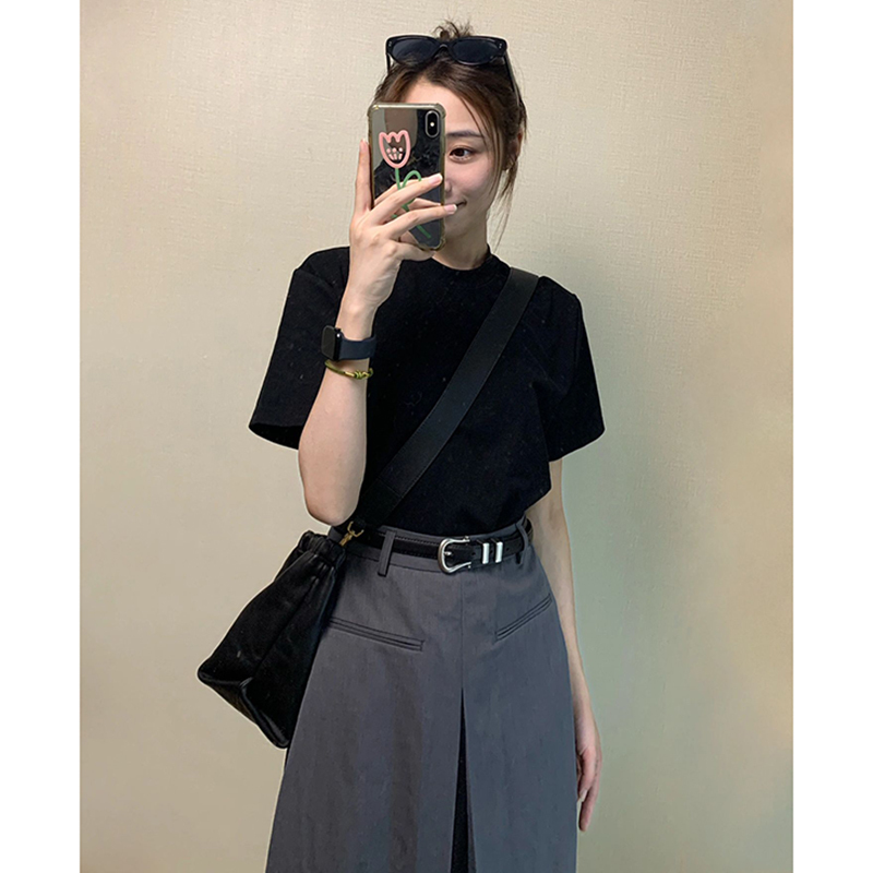 American Retro Black Right-Shoulder Short-Sleeved T-Shirt for Women in Summer, Pure Cotton Inner Layering Shirt, Pure Color Half-Sleeved T-Shirt Top