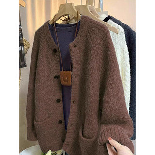 Retro Coffee-Colored Melard Sweater Jacket for Women, Loose-Fitting Knitted Cardigan, 2025 Autumn and Winter Lazy Thickeneded Top