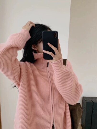 Gray Raccoon Fur Half-High Collar Stand-Up Collar Double Zipper Sweater Jacket for Women, Autumn and Winter Thickened Outerwear Knit Cardigan