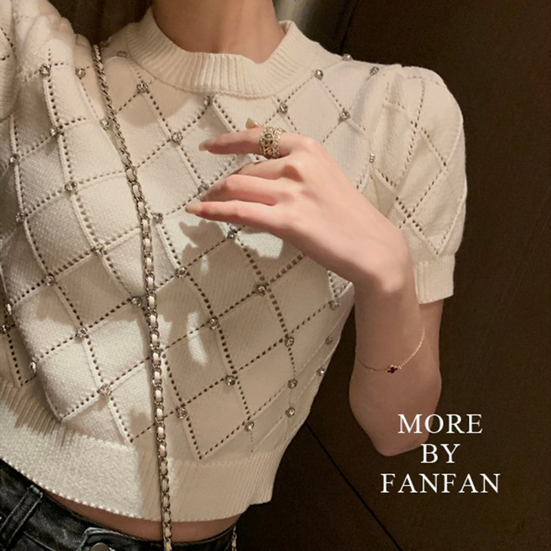 Chanel-Style White Knitted Short-Sleeve T-Shirt for Women, Summer Design, Niche, Regular Shoulder, Slim Fit, High-Waisted, Short Top