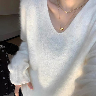 Lazy and Soft White V-Neck Raccoon Fur Sweater for Women, Pullover Style, Loose Fit, Old Money Style Knitwear for Autumn and Winter, Inner Layer Top