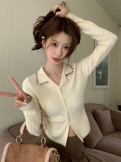 Style coréen couleur bloc dentelle à manches longues col Polo pull pour les femmes automne conception noir pull cardigan haut à revers