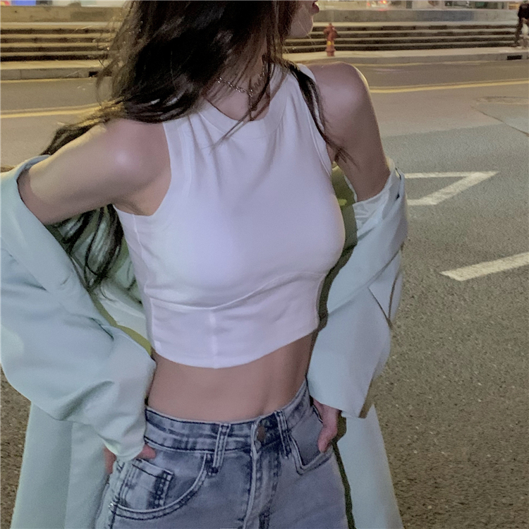 White Camisole with Chest Pads for Women, Summer Outerwear, Wide Shoulder Straps, Inner Layer, Sports Short Sleeveless Top