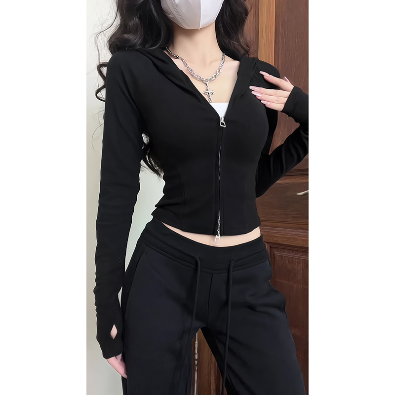 Black Double-Zip Hooded Long-Sleeve Knitted Cardigan for Women, Autumn Wool Sweater, Slim Fit, Short Top Black Double-Zip Hooded Long-Sleeve Knitted Cardigan for Women, Autumn Wool Sweater, Slim Fit, Short Top