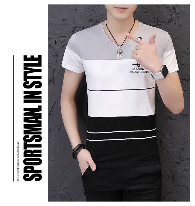 Áo thun nam ngắn tay mùa hè 2018 cổ điển Hàn Quốc Slim V cổ áo 桖 Áo cotton Xu hướng nửa tay áo sơ mi nam mặc áo polo nam hàng hiệu