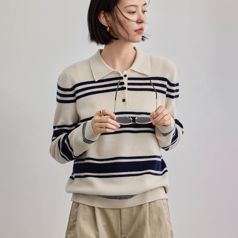 Consi Ni 100% Cashmere Sweater for Women, Polo Collar Sweater, Pure Cashmere Thick Pullover, Simple Striped Knitwear