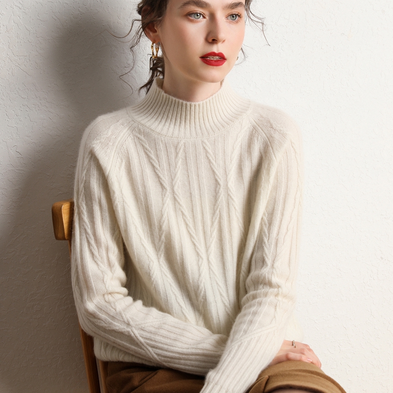 Fall and Winter thickened half-tall diamond cashmere sweater with knitted sweater