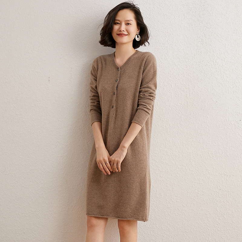 Minimalist casual knit cashmere for women's autumn and winter medium long version fashion loose wool skirt simple sweater dress