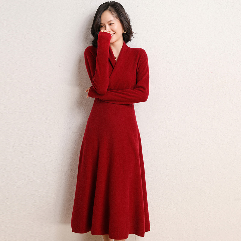 Wool knitted dress autumn and winter cross-slim high-waisted dress women's long version with over-the-knee bottoming sweater dress