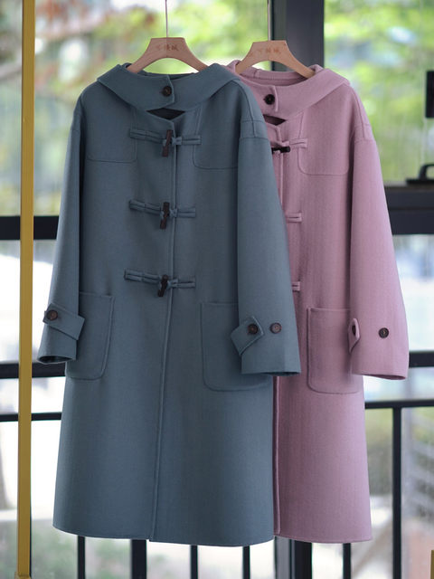 ລະດູໃບໄມ້ຫຼົ່ນແລະລະດູຫນາວແບບເກົາຫຼີປຸ່ມ horn hooded double-sided zero cashmere coat for women mid-length silhouette loose art style coat