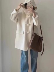 2023 Australian Wool Horn Button Coat High-End Australian Wool Horn Button Coat Hooded Jacket Mid-Length Double-sided Zero Velvet Little Girls Style Korean