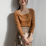 原水 Демисезонный дизайнерский приятный телу лонгслив, французский стиль, квадратный вырез, тренд сезона, V-образный вырез, высокий воротник