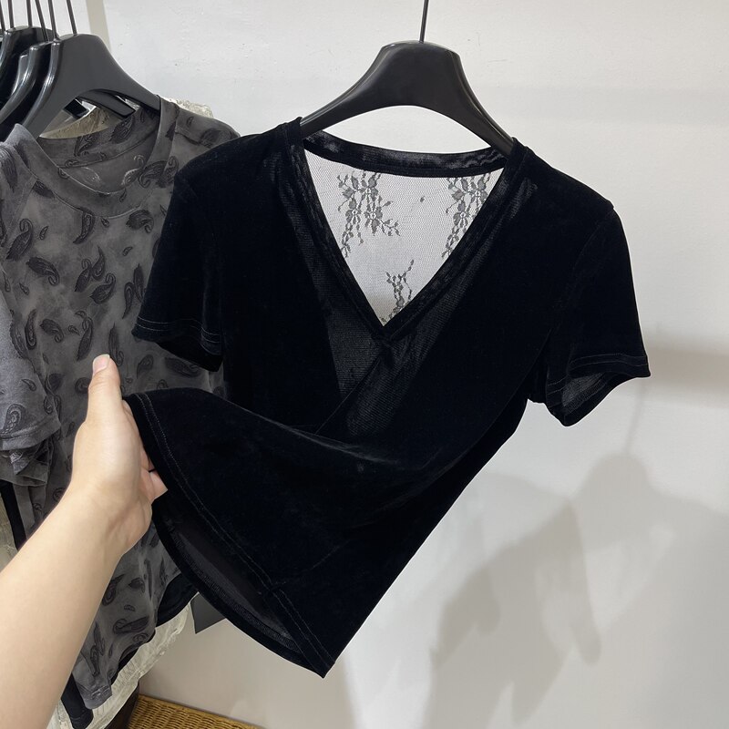 Black V-Neck Lace Spliced Velvet Short-Sleeve T-Shirt for Women, 2026 Summer New Style, Slim-Fit, Skin-Friendly Base Shirt, Thin Top