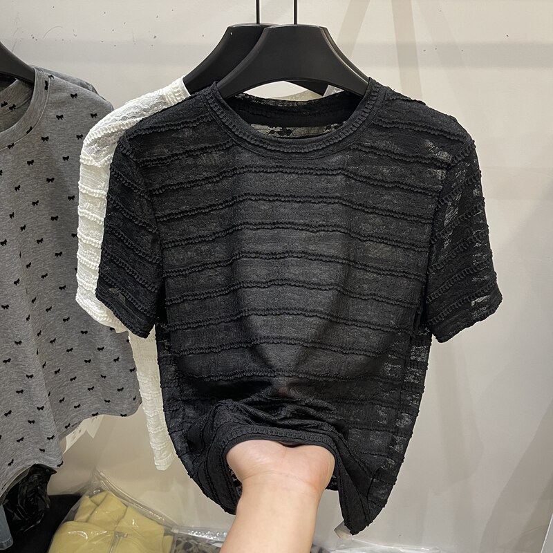Design-Inspired Lace Texture Striped Lace Short-Sleeved T-Shirt for Women 2026 Summer New Stylish Casual Top Trendy