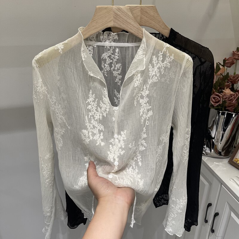 Textured Pleated Embroidered Slit Lace Long-Sleeved Shirt for Women 2026 Summer New Style Skin-Friendly Slimming Slightly See-Through Top