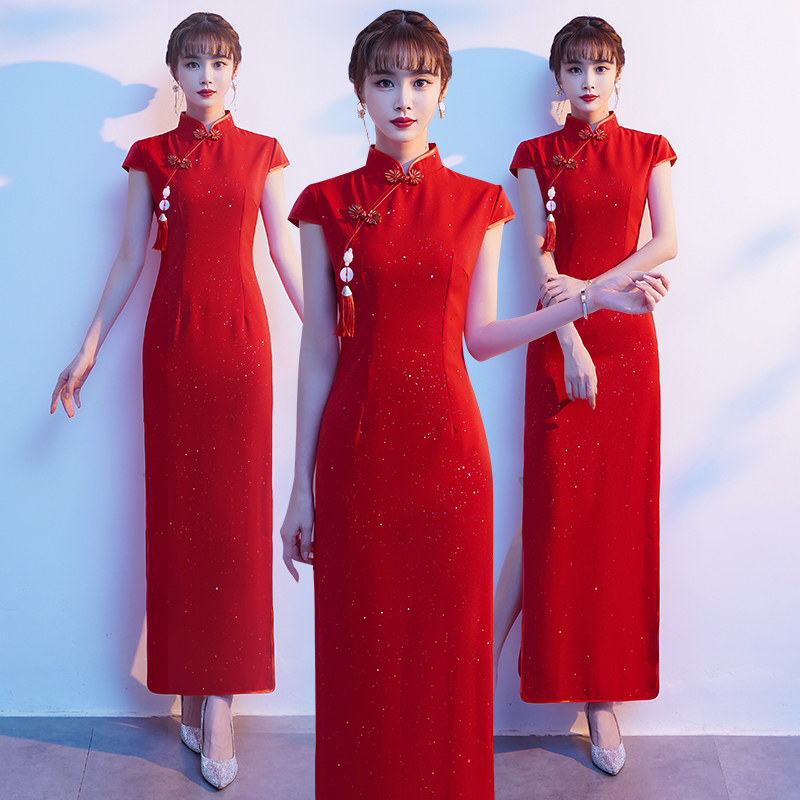 Gift ceremony clothing welcome lady dress red long version of the award dress married woman back to her mother's home cheongsam catwalk costumes