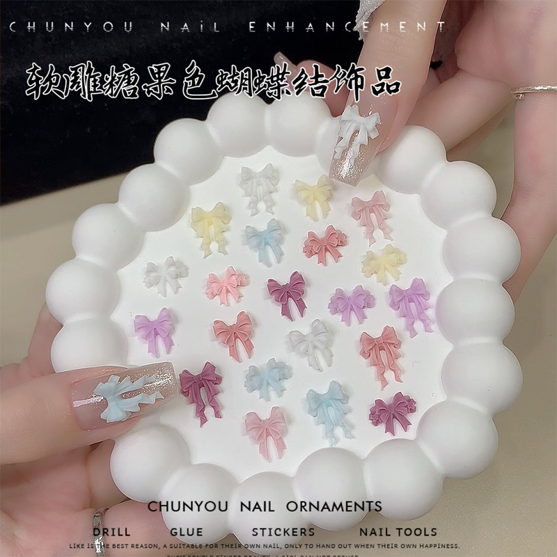 New Soft Sculpted Bow Nail Art with Candy-Colored Sweet Streamer Bow Tie and 3D Bow Nail Decorations