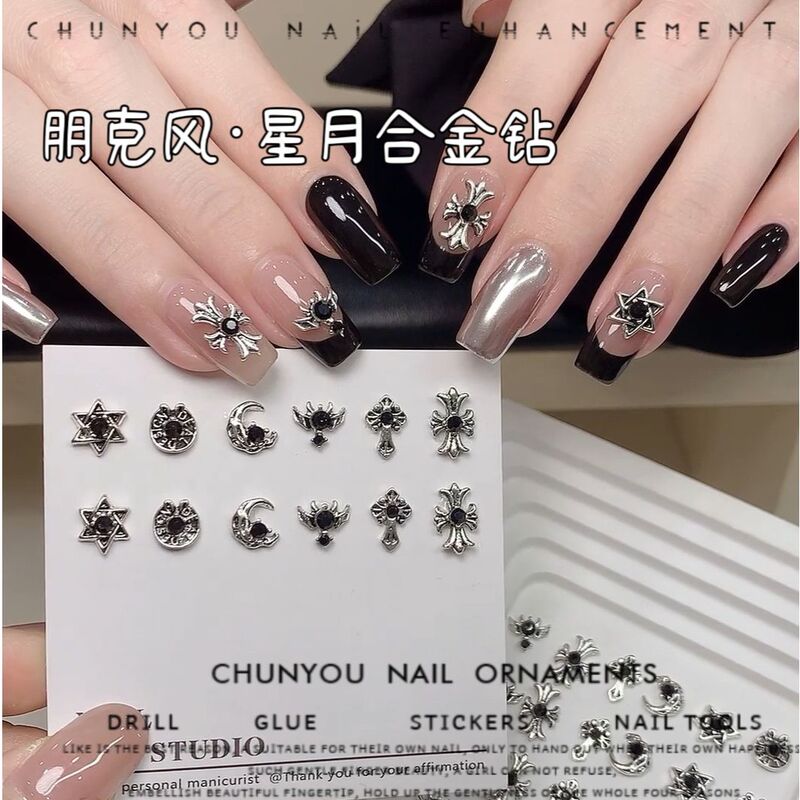 New Nail Art Alloy Rhinestones, Trendy Star and Moon Design, Vintage Black Punk Gothic Style, Sweet and Cool Nail Decorations