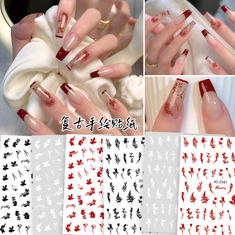 New Retro Hand-Painted Nail Art Stickers Black and White Red Floral Leaves Whitening Stickers New Year Nail Decals New Retro Hand-Painted Nail Art Stickers Black and White Red Floral Leaves Whitening Stickers New Year Nail Decals