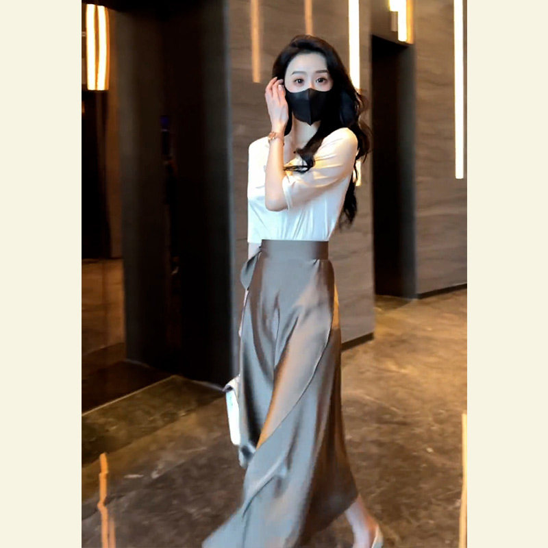 The French style don't make unique high-end refined gas light and luxurious end of the atmosphere acetate satin dress suit women's summer-Taobao