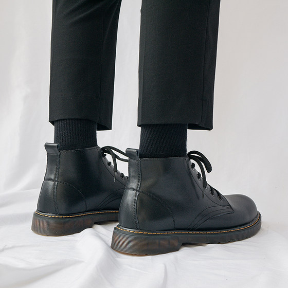 男士真皮马丁靴中帮英伦风增高黑色高帮皮鞋百搭夏季厚底工装靴子