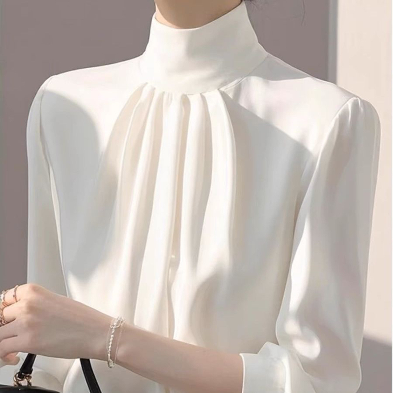 Light Mature Style White Stand-Up Collar Long-Sleeved Shirt for Women, Early Spring New Style, Stunning and Unique Blouse, Chic and Versatile, Beautiful Shirt