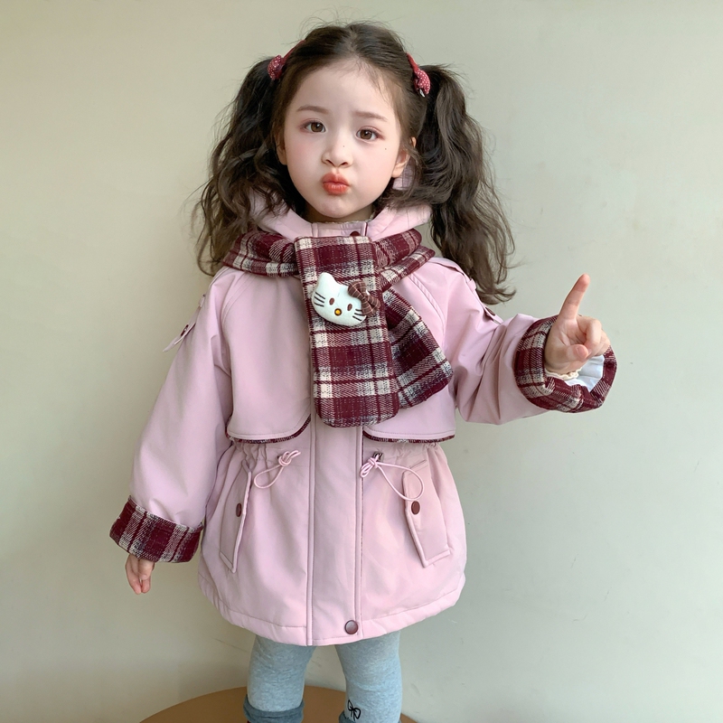 Girls' Fleece-Lined Jacket for Autumn and Winter 2025, New Thickened Parka Winter Coat for Babies, Girls' Scarf Hooded Trench Coat Girls' Fleece-Lined Jacket for Autumn and Winter 2025, New Thickened Parka Winter Coat for Babies, Girls' Scarf Hooded Trench Coat