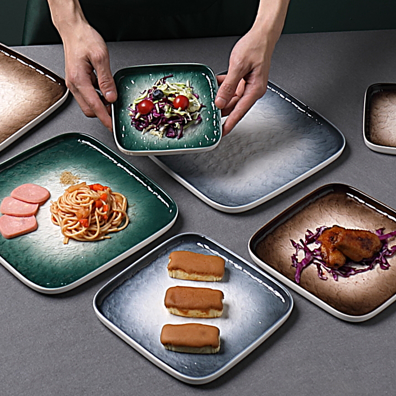 Square Ceramic Western Dining Tray Day Style Home Refreshment Tray Steak Tray Mesh Red Quadrilateral Plate Hotel Dining Room Cutlery