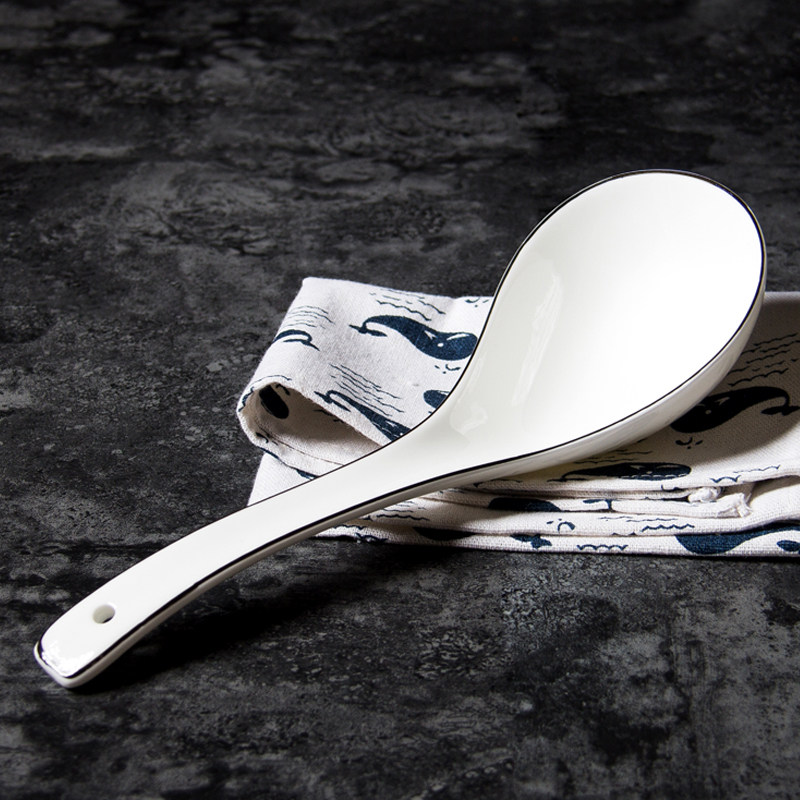Simple European style ceramic large spoon creative long handle bone china small spoon white black edge Nordic soup bowl tableware