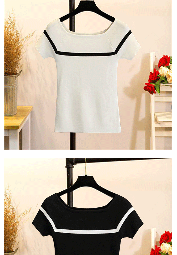 Băng lụa đan ngắn tay nữ mùa hè nhỏ tươi từ vai áo thun cổ áo Slim nửa tay áo sọc ngang áo cardigan nữ dáng dài