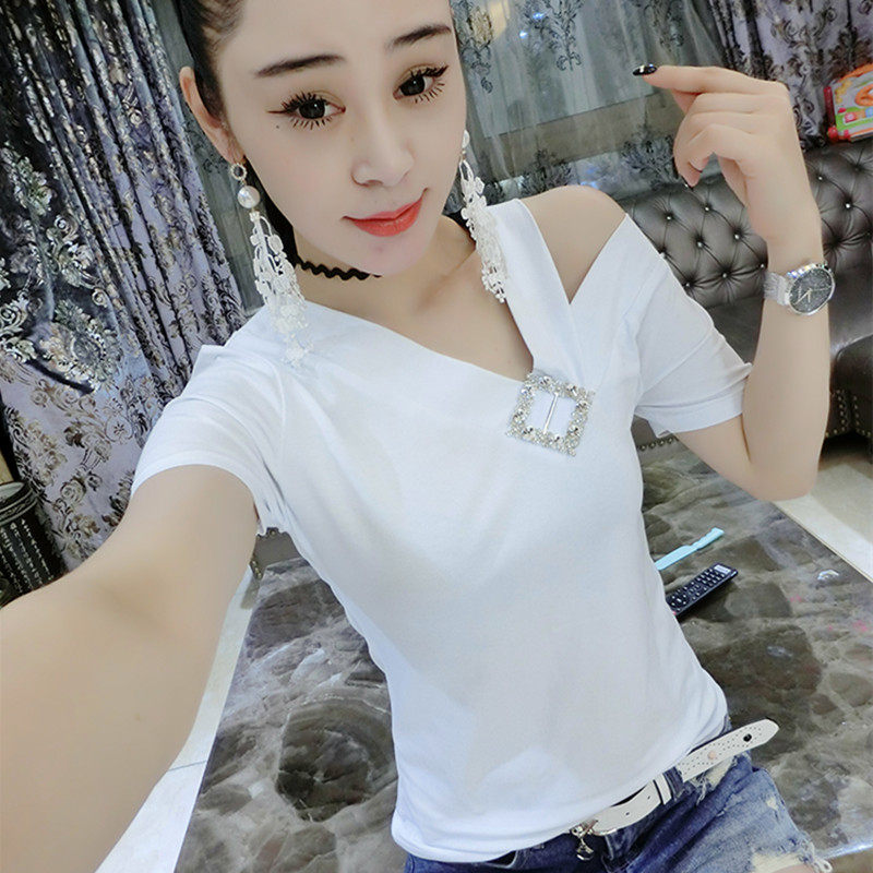 Hong Kong Tide 2022 Summer Women's New Society Short Sleeve T - shirt Fixed Slim Half - sleeved Exposure Shoulder Cover