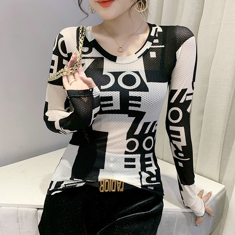 Tide Card 2022 Spring Dress New Collision Color Printed Round Collar Long Sleeve T-shirt Foreign Pie Mesh Veil slim fit the undershirt woman