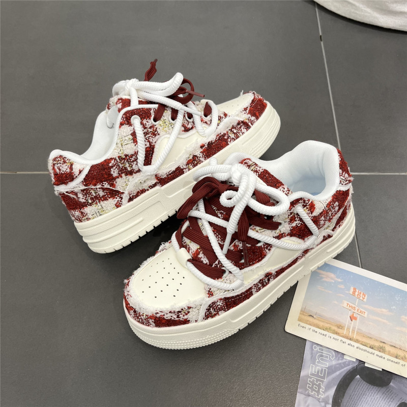 Men's Shoes 2026 New Houndstooth Red Casual Sneakers Ulzzang Versatile Couple Sports Shoes