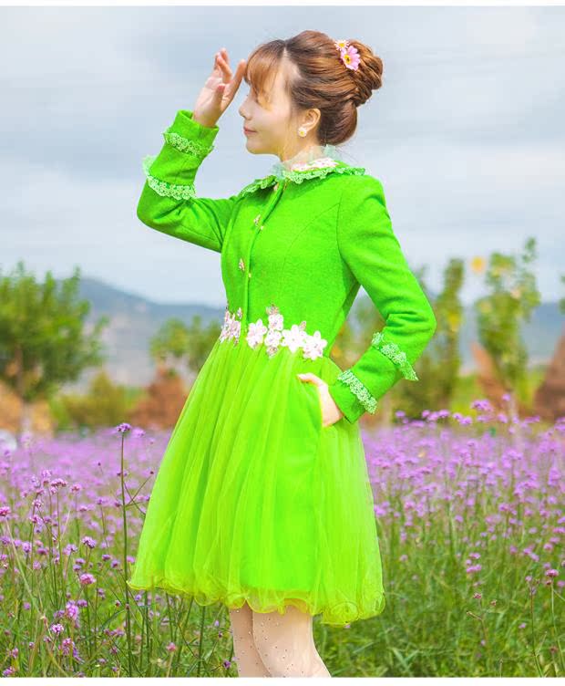 Màu hồng bướm tình yêu 2018 mới cổ áo búp bê lưới len màu xanh lá cây trong phần dài của áo khoác len mỏng nữ 3053 - Accentuated eo áo mẫu áo dạ ngắn đẹp 2020