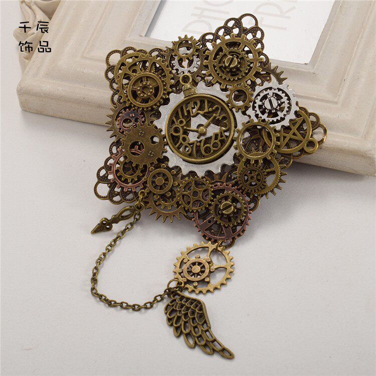 'Qianchen Jewelry' Steampunk Accessories, Lolita Clock Gear Wings Brooch Gifts