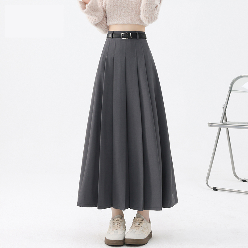 Gray Pleated Suit Skirt for Women, Spring and Autumn High-Waisted Casual A-Line Umbrella Skirt, College Style Over-The-Knee Long Skirt Gray Pleated Suit Skirt for Women, Spring and Autumn High-Waisted Casual A-Line Umbrella Skirt, College Style Over-The-Knee Long Skirt