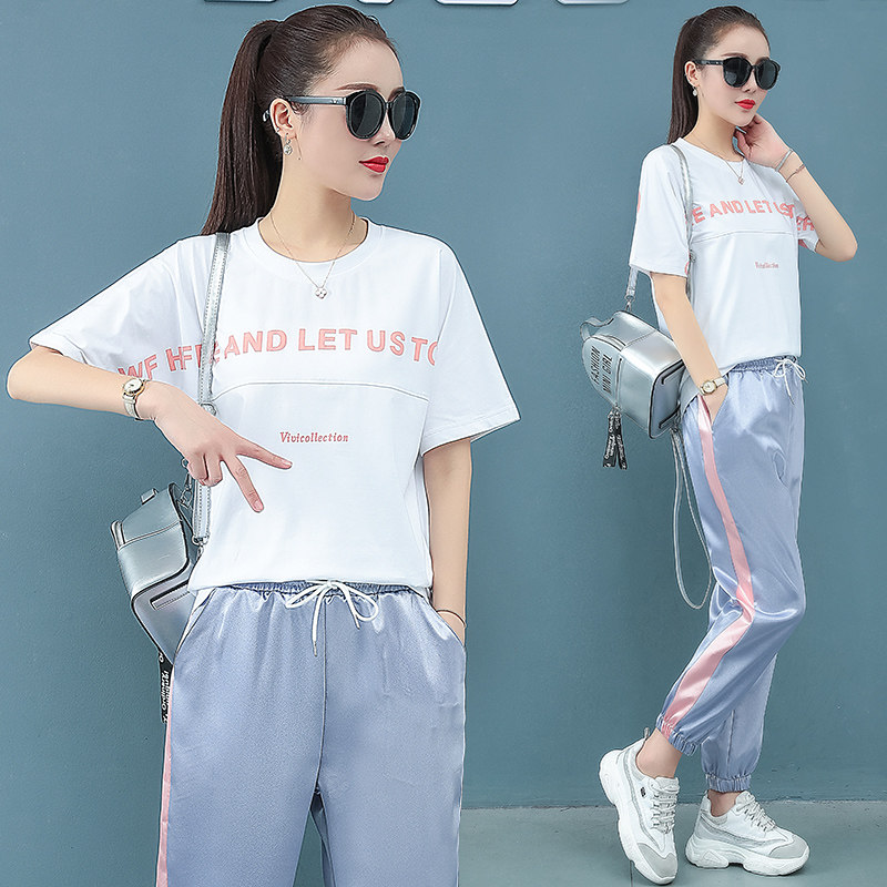 Cotton casual fashion sportswear suit female 2020 summer new Korean version loose short-sleeved nine-point pants two-piece set