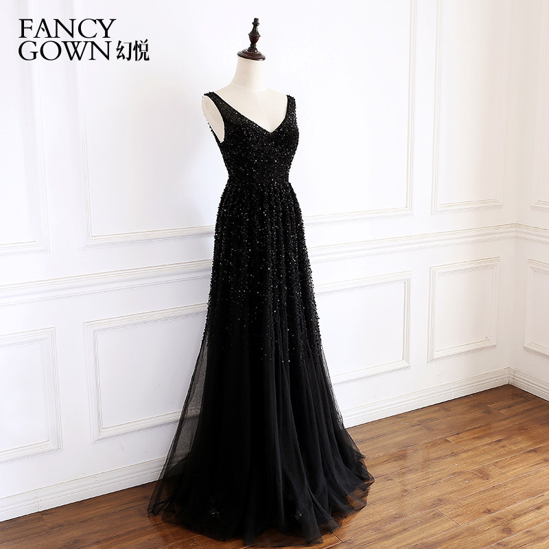Hyung 2019 new shoulder V - collar A dress straight - edge stained black and thin luxury dress dinner