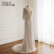 Broken code elegant light gray new mid-sleeve shawl long womens tail gown host performance dinner lace diamond