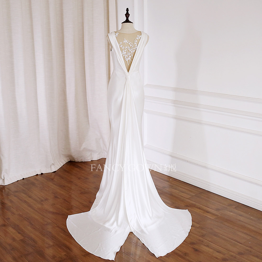 Phantom-New French Light Satin Simple Satin Main Wedding Dress Small Beautiful Back Ribbon Fishtail Slim Fit Trailing