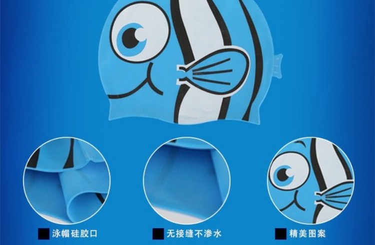 Nhà máy sản xuất phim hoạt hình trực tiếp cho trẻ em hình con cá mũ lưỡi trai và bé gái không đầu bịt tai không thấm nước trẻ em nắp silicone bán buôn mũ bơi giá rẻ